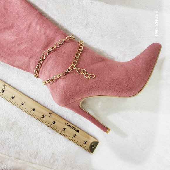 Bad Girlz Dusty Rose Blush Pink Faux Suede Wide Top Thigh High Boots Chain - Picture 11 of 14